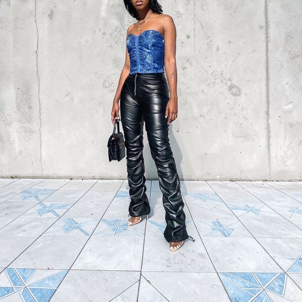Black Faux Leather Ruched Pants  Y2K High Waist Stacked Leggings